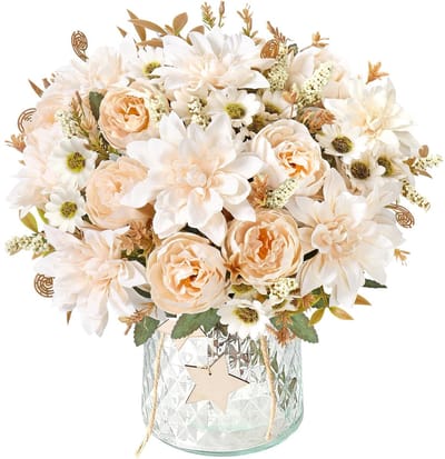 Dailygoods- Kunstbloemen boeket 12,2 inch - Dahlia's/Rozen/Madeliefjes - Decoratie voor bruiloft/Feest - Zijde/Kunststof - Binnen/Buiten - Tijdloze elegantie - Nep Bloemen