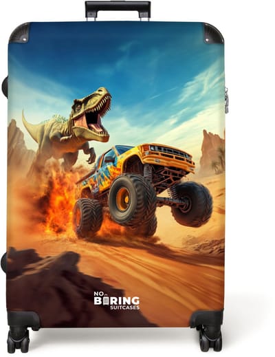 NoBoringSuitcases.com® - Koffer groot - Reiskoffer lichtgewicht - Vluchtende truck voor T-Rex in vurige woestijn - Rolkoffer met 4 wielen - Grote trolley XL - 98 liter bagage