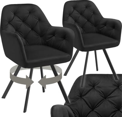 tectake® Draaistoel Fluweellook – Eetkamerstoel met Armleuningen – Ergonomische Zitting en Rugleuning – 180° Draaibaar – Moderne Stalen Poten – Set van 2 – Zwart