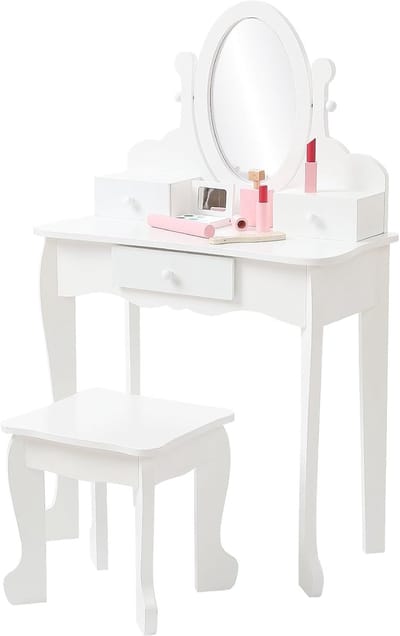 Kinderkaptafel voor Meisjes met Spiegel en Krukje - Prinses Make-up Tafel - 2-in-1 Bureau - 3 Laden - 4 tot 9 Jaar - wit