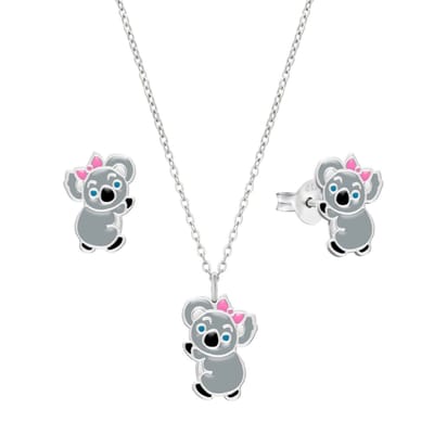 WeLoveSilver - Zilveren kinder oorstekers en ketting - koala met roze strikje