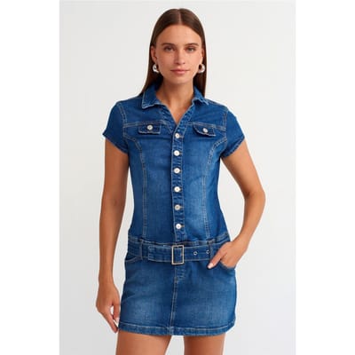 Gestrikt Denim Mini Jurk