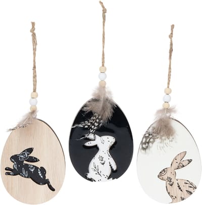 Houten paaseieren om op te hangen, wit en zwart, 10 cm, 6 stuks, 6 Stü