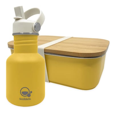 Smikkels - RVS lunchbox met drinkfles kind - Geel - 304 RVS (18/8) - Lunchset Broodtrommel en Schoolbeker - Basisschool