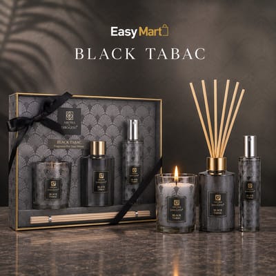 EasyMart Huisparfum Cadeauset 4-Delig – Black Tabac – Met Geurstokjes, Roomspray en Geurkaars – Luxe Geurset voor Woonkamer, Badkamer, Toilet en Slaapkamer