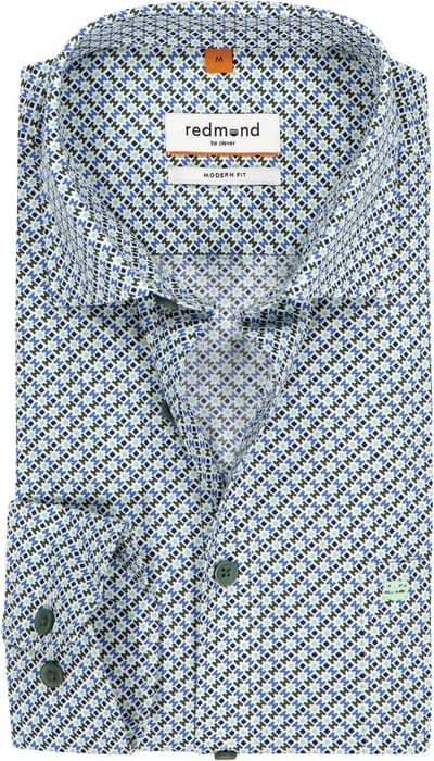 Redmond modern fit overhemd - popeline - blauw met groen en wit dessin