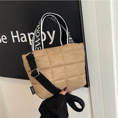 Lichte Kleine Tote Bag Katoenen Kleding Geruite Tas Gevuld met Katoen Schoudertas Nieuwe Casual en Veelzijdige Draag Crossbody Tas beige