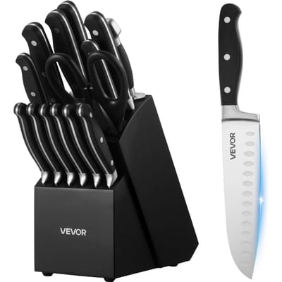 Ensemble de couteaux de cuisine avec bloc et aiguiseur, Ensemble de 15 couteaux tranchants en acier inoxydable à haute teneur en carbone, Coutellerie de cuisine avec manche résistant aux fissures,