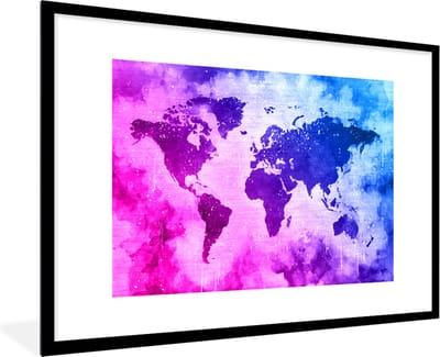 Poster in lijst - Fotolijst 90x60 cm - Posters - Wereldkaart - Roze - Paars - Posterlijst zwart - Decoratie - Wanddecoratie woonkamer - Muurdecoratie slaapkamer