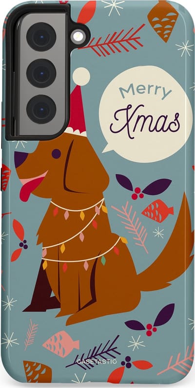 Casetastic hoesje geschikt voor Samsung Galaxy S22 - Dubbellaagse bescherming - Merry Christmas Hond - Fashion Case - Zilver Bruin Saliegroen Rood