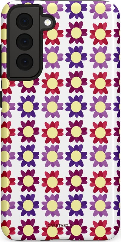 Casetastic Hoesje Geschikt voor Samsung S21 FE - Stijlvolle Beschermende Duo-layer Case - Rood Paarse Roze Madelief Bloementjes