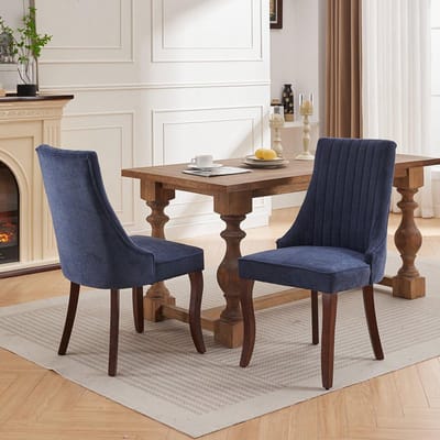 BLACKCOLORS Eetkamerstoelen van geblokt rayonne Channel-keukenstoelen Comfortabele bijzetstoelen van gestoffeerd materiaal voor de eetkamer met gebogen poten van massief hout, set van 2 (blauw), DE1847BL
