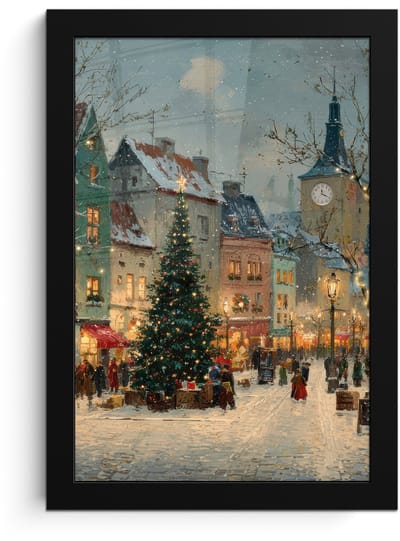 Poster in lijst - Fotolijst 20x30 cm - Posters - Kerstsfeer - Stadsplein - Kleurrijk - Posterlijst zwart - Decoratie - Wanddecoratie woonkamer - Muurdecoratie slaapkamer - Kerstversiering - Kerstdecoratie voor binnen - Kerstmis