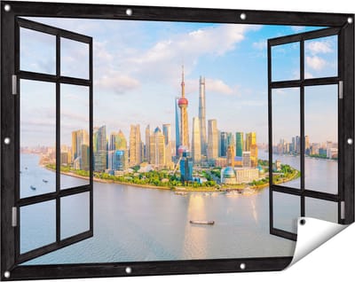 Gards Tuinposter Doorkijk Skyline Shanghai Stad in China - 120x80 cm - Tuindoek - Tuindecoratie - Wanddecoratie buiten - Tuinschilderij