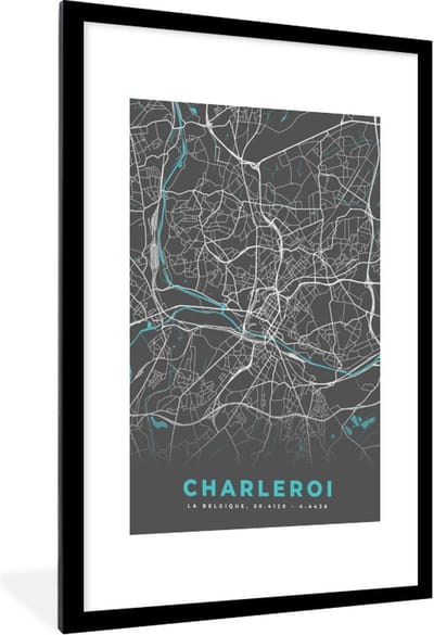 Fotolijst incl. Poster - Stadskaart – Grijs - Kaart – Charleroi – België – Plattegrond - 60x90 cm - Posterlijst