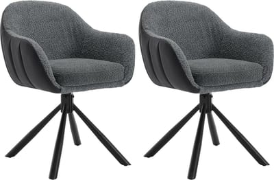 BukkitBow - Luxe Set Eetkamerstoelen Chenille/Stof met Kunstleder/Leer - Kuipstoel met Rug en Armleuning en Metalen Poten - 365 Graden Draaibaar Onderstel - Set van 2 Stuks - Zithoogte 49.5CM - Donker Grijs