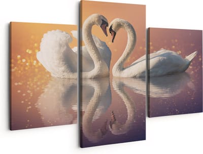 Artaza Canvas Schilderij Drieluik Zwanen Koppel in een Hart Vorm - 150x120 - Groot - Foto Op Canvas - Canvas Print