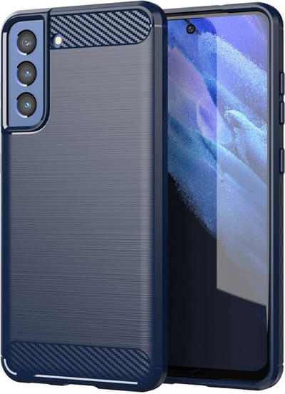 MobyDefend Hoesje - Geschikt voor Samsung Galaxy S21 FE - TPU Backcover - Geborstelde Metaal & Carbon-Look - Navy Blauw