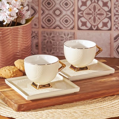 Karaca -Art Deco Crèmeset met 2 koffiekopjes, mokkatassen, espressokopjes, koffiekopjes, set van porselein, robuuste mokkatas, dikke drinkrand, porselein