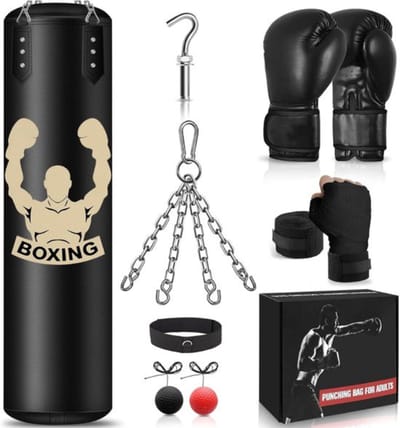 Thuys - Boksset Zwart 120cm - Trapzak - MMA-handschoenen - Polsband en Reflexbal - voor Thuistraining Boksen en Kickboksen