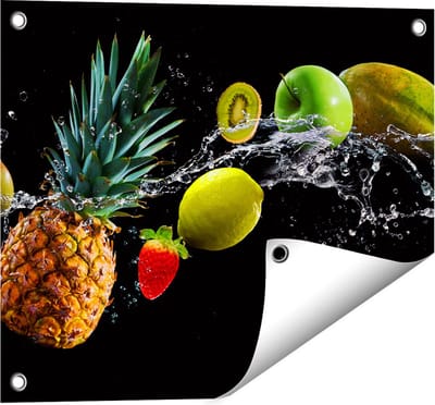 Gards Tuinposter Fruit met Water op Zwart Achtergrond - 50x40 cm - Tuindoek - Tuindecoratie - Wanddecoratie buiten - Tuinschilderij