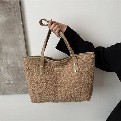 Zachte Handtas Grote Capaciteit Herfst Winter Schoudertas Dames Lamsvacht Tote Tas Ritssluiting Casual Shoppen Reizen Tote 32x11.5x25cm kaki