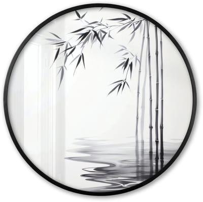 Poster in lijst Rond - Fotolijst 60x60 cm - Posters - Bamboestammen - Water - Minimalistisch - Wit - Ronde posterlijst zwart - Decoratie - Wanddecoratie woonkamer - Muurdecoratie slaapkamer