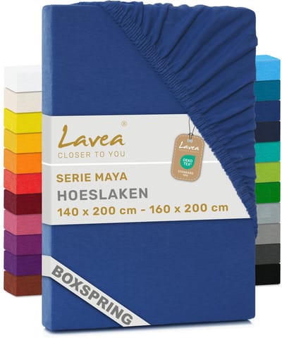 Lavea® Hoeslaken 140-160x200cm 100% Katoen – Hoge Hoek 35 cm voor Dikke Matrassen – met Elastiek Rondom in Jersey – voor Boxspring – Koningsblauw