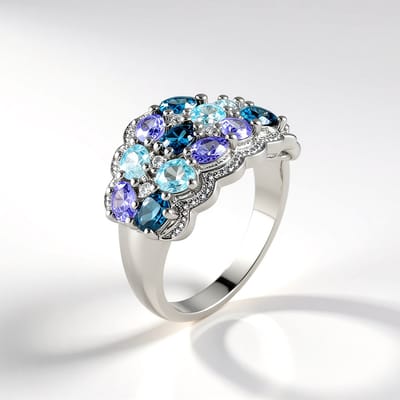 Cavill - Verstelbare Zilveren Ring - 925 Sterling Zilver Geplatineerd - Ratanakiri Zirkonen, Tanzaniet & Blauwe Topaas - 3,07 ct - Ovaal Halo Zetting