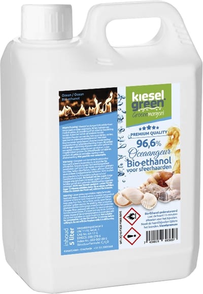 KieselGreen 5 Liter Bio-Ethanol met Oceaan Aroma - Bioethanol 96.6%, Veilig voor Sfeerhaarden en Tafelhaarden, Milieuvriendelijk - Premium Kwaliteit Ethanol voor Binnen en Buiten