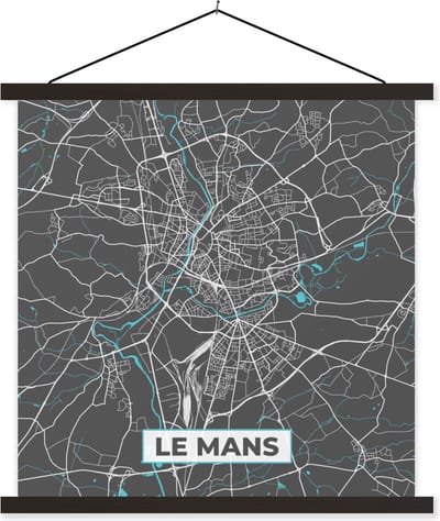 Posterhanger incl. Poster 60x60 cm - Schoolplaat - Frankrijk - Plattegrond - Kaart - Stadskaart - Le Mans - Textielposter - Zwarte latten - Stadskaart