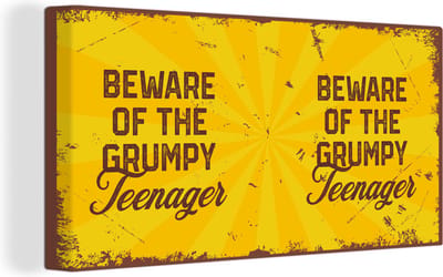 Canvas Schilderij Kind - Quotes - Vintage - Beware of the grumpy teenager - 40x20 cm - Wanddecoratie