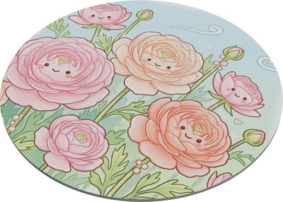 Ronde Muismat Bloemen Kawaii Roze Ranonkel – Botanische Illustratie Schattig – Bureau Onderzetter Mousepad – Kleurrijk Cadeau voor haar: Vriendin & Collega – Floral Design Werkplek Decoratie – Lachende Bloemetjes Pastelblauw