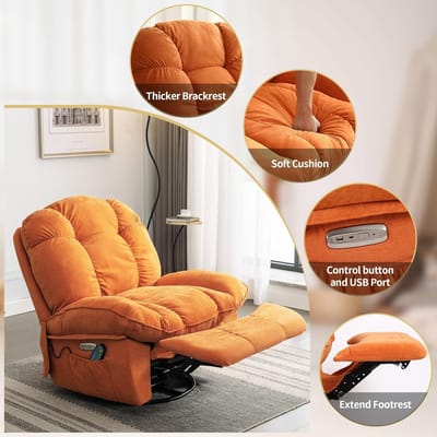 Aria Elektrische Massagestoel Oranje - Luxe Relaxfauteuil met Verwarming, 270° Draaibaar, Schommelstand, USB & Type-C Poorten (94 x 101 x 100 cm)