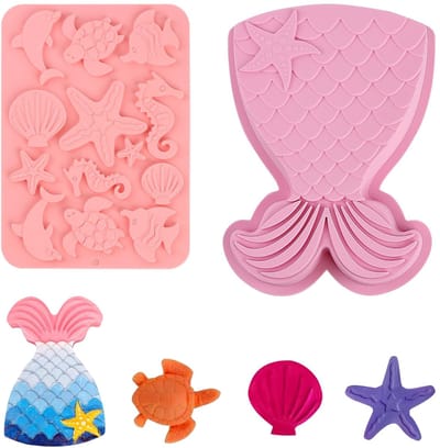 Dailygoods- Taartdecoratie 2 stuks - Siliconen vormen - Zeemeermin/zeedieren - Hittebestendig - Herbruikbaar - Cartoon stijl - Bakvorm