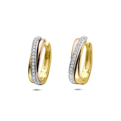 14K tricolor gouden klapoorringen diamant 0.09ct (2x 0.045ct) h si 15,5 mm - 4300618