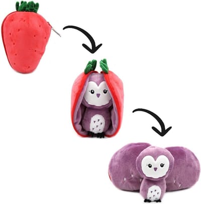 Les Deglingos Flipetz - 2-in-1 Knuffel Uil Aardbei - Gerecycled materiaal - 0+ jaar