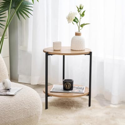 Bijzettafel rond - Salontafel klein - Woonkamer inrichten - Met opbergplank - 50x40 cm - Zwart houtkleur