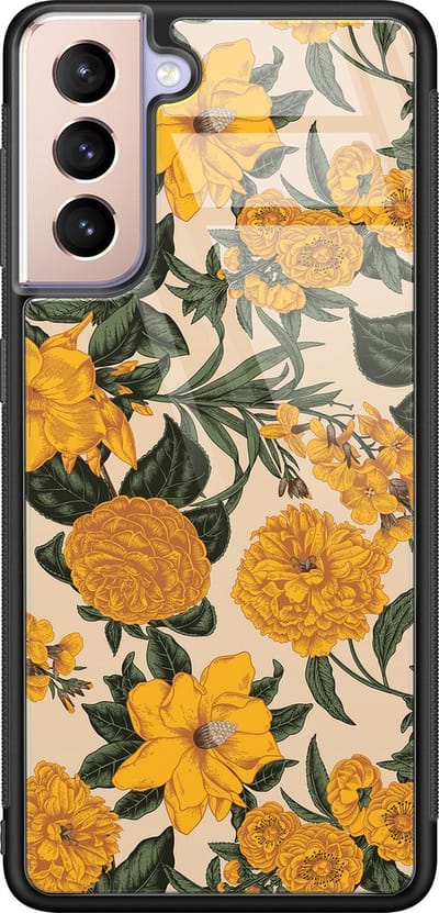 Hoesje geschikt voor Samsung Galaxy S21 - Retro flowers - Luxe Glazen Hardcase - Bloemen - Geel
