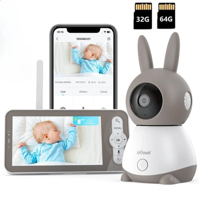 ieGeek Babyfoon met Camera - 2K HD camera - Premium Baby Monitor 5 inch Monitor- & Gratis App - Incl. Geluidsdetectie - Voedingsalarm en Temperatuursensor - Inclusief 64GB 32GB Geheugenkaart