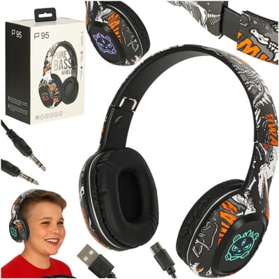 MOZY® - Draadloze Koptelefoon - Zwart Graffiti - Bluetooth - tot 10 Meter - tot 100 uur - Bedieningspaneel - Micro SD-kaartlezer - Hoofdtelefoon Kinderen - Verstelbaar