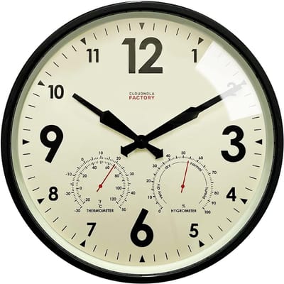Waterdichte Wandklok - Klok met Thermometer - Buiten en Binnen - Stil Niet-tikkend Mechanisme - 305 cm Diameter - Zwart
