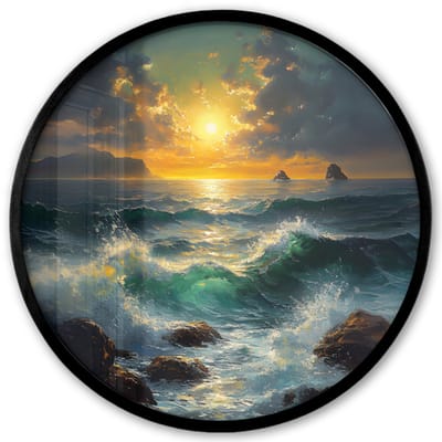 Poster in lijst Rond - Fotolijst 40x40 cm - Posters - Zee - Zon - Golven - Rotsen - Ronde posterlijst zwart - Decoratie - Wanddecoratie woonkamer - Muurdecoratie slaapkamer