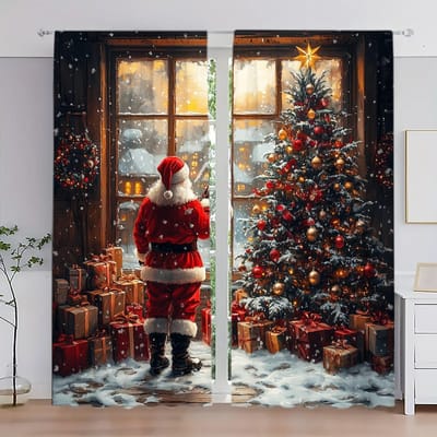 2 stuks Kerstman Olieverf Gedrukt Gordijn voor Huisdecoratie - Tunnel voor Roede Raambekleding voor Slaapkamer, Kantoor, Keuken 52.5cmX116cm X 2pcs brown