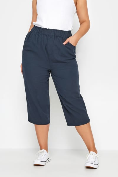 Yours Cropped Broek Van Katoen Met Elastische Taille In Donkerblauw Size 44