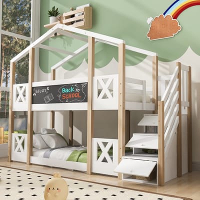 Stapelbed 90 x 200 cm, kinderboomhutbed met trap, opbergruimte en valbeveiliging, hoogslaper voor kinderen – 2x lattenbodem – naturel & wit