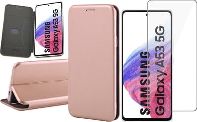 Hoesje geschikt voor Samsung Galaxy A53 - Book Case Kunstlederen Wallet Cover Minimalistisch Pasjeshouder Hoes Roségoud - Tempered Glass Screenprotector