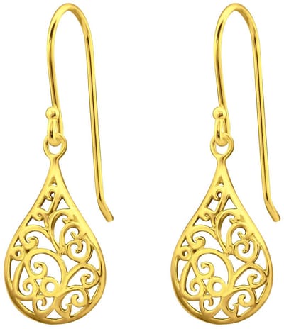 Joy|S - Zilveren druppel bedel oorbellen - peer vormige oorhangers - sierlijk bewerkt - gold plated