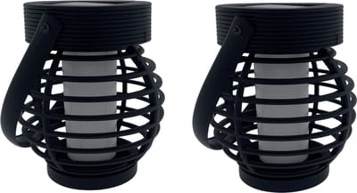 Benson Solar lantaarn tuinlamp - 2x - zwart - LED flame effect - oplaadbaar - D9 x H10,8 cm