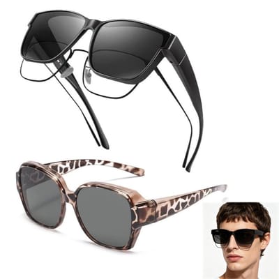 Overzet zonnebril voor brildragers - 2 stuks - Overzetzonnebrillen - Polarized - UV-bescherming - ultralichte clip-on - voor Dames - Trendy Vierkant Montuur - 145mm Groot montuur